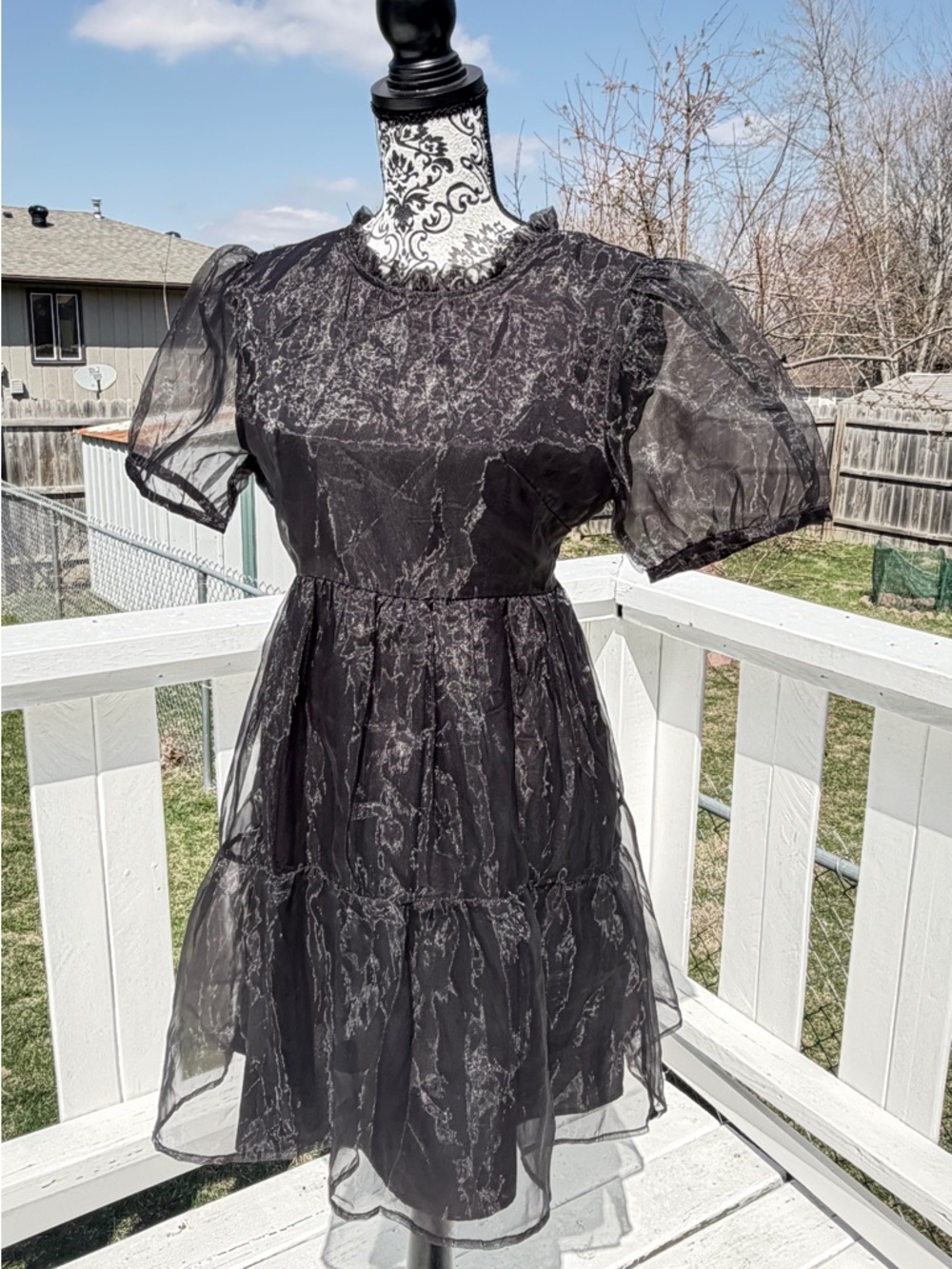 Neon Rose Black Sheer Organza Puff Sleeve Mini Dress M